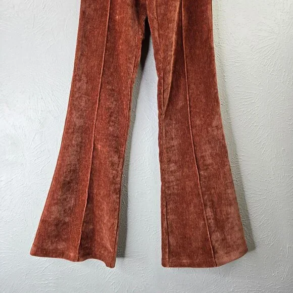 Velour Flare Pant XS Brown High Waist Pull on Stretchy Pintuck Trouser Retro 70s - Picture 4 of 12